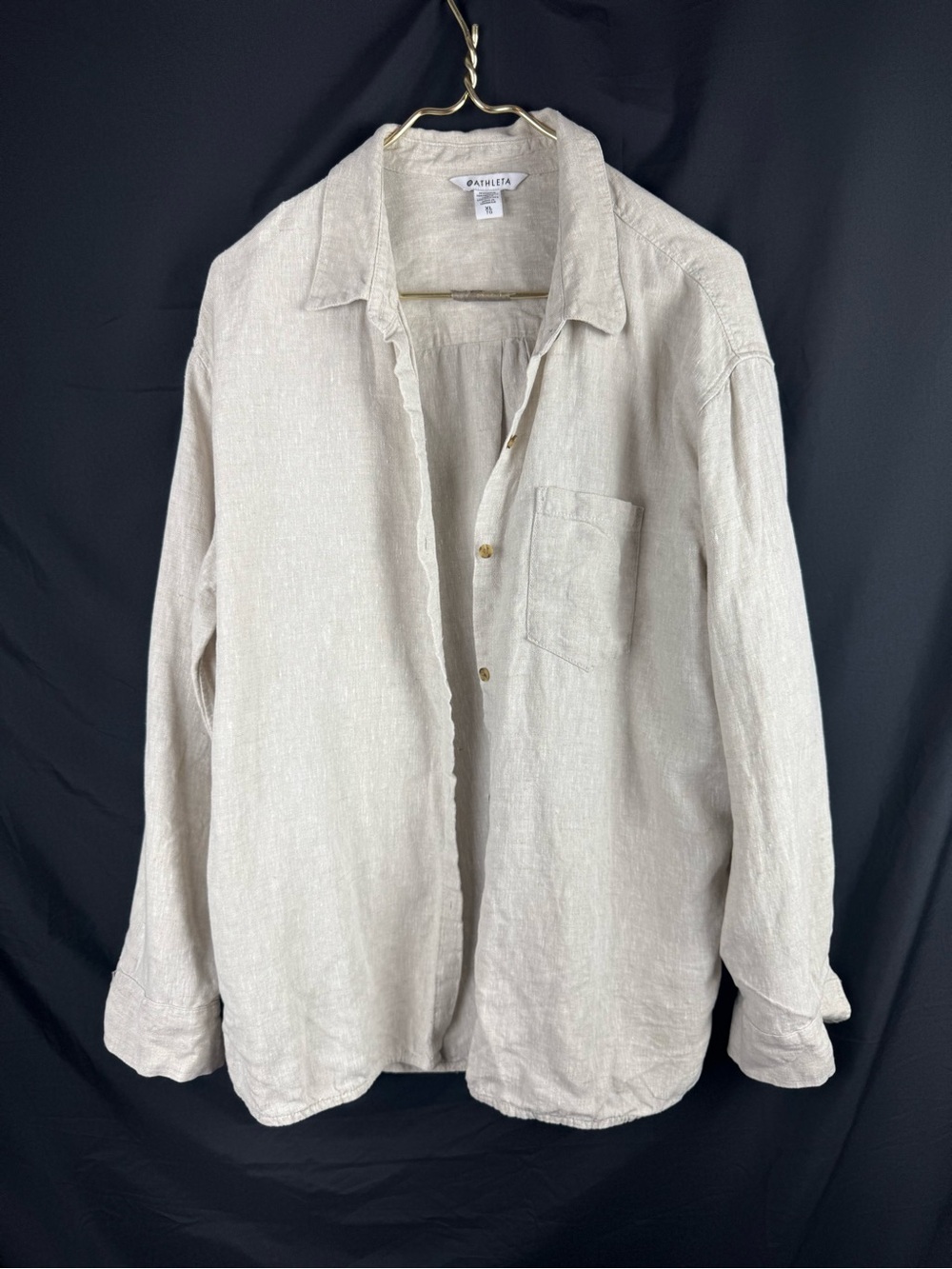 Athleta Retreat Linen Top XL Beige Oatmeal Button Up Long Sleeve Shirt 850931